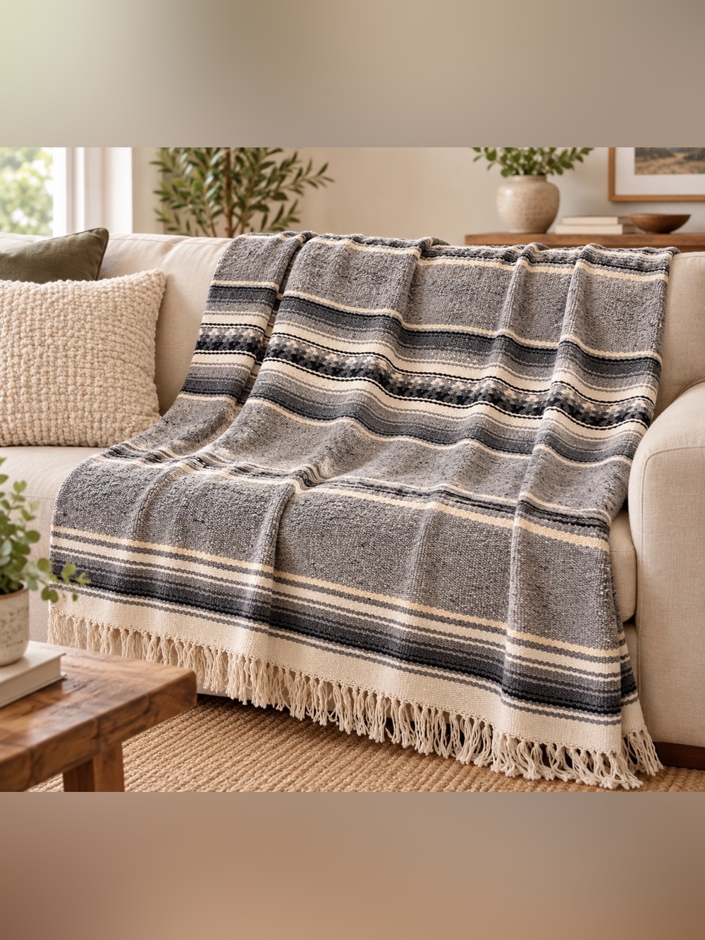 Handwoven Vintage Mexican Wool Blanket โข XL โข Black & Grey โข Thick Good Quality